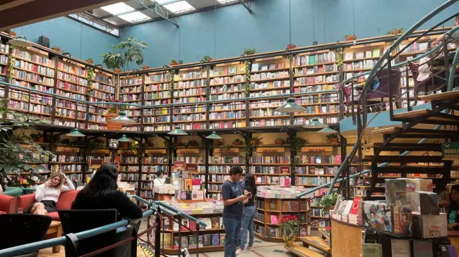 El Péndulo Polanco es un espacio único que integra librería, cafetería, galería de arte y música en vivo en un ambiente cálido decorado con plantas colgantes y estanterías que invitan a perderse entre páginas.