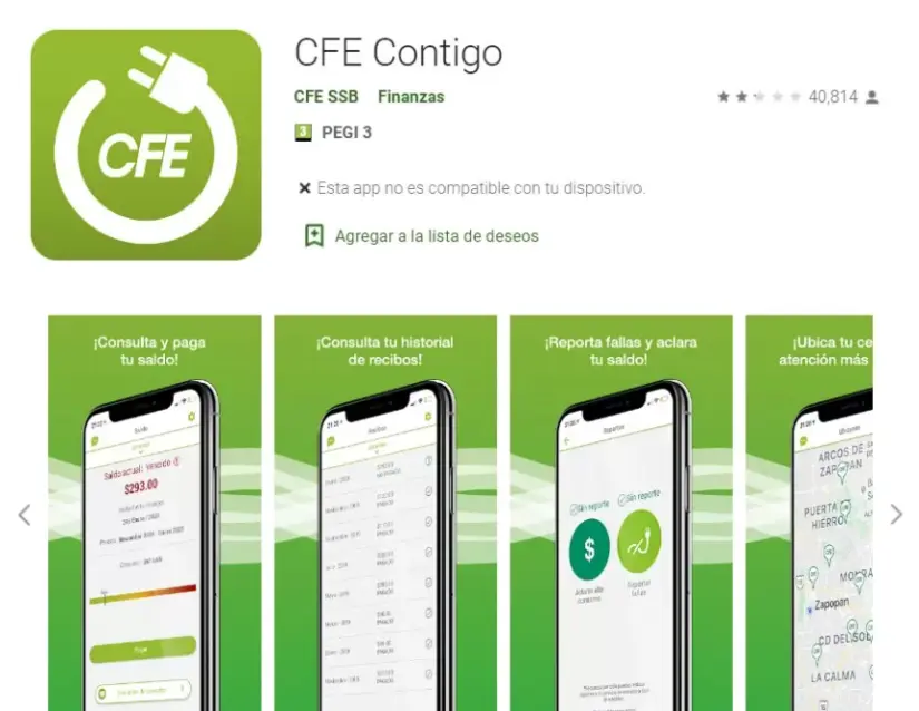 Aplicación de la CFE. Foto: cortesía Aplicación de la CFE. Foto: Cortesía.
