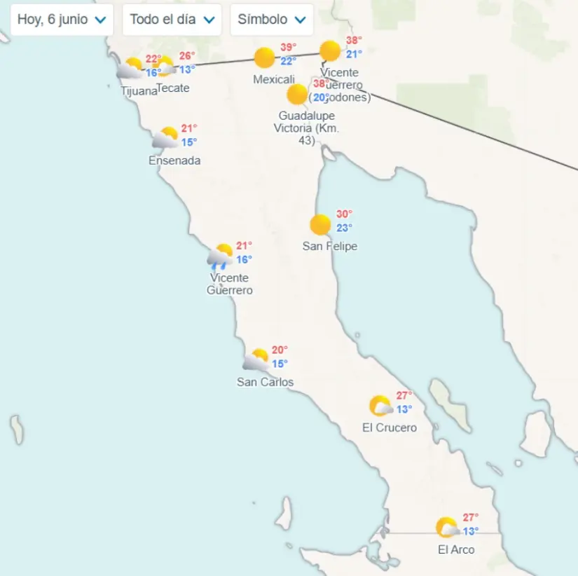 Temperaturas estimadas en los municipios de Baja California hoy. Imagen: Meteored