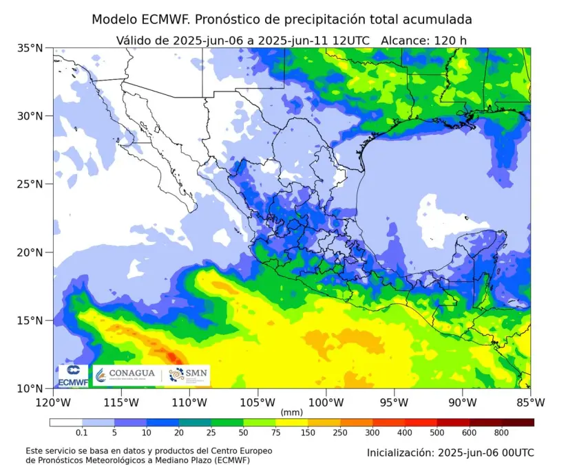 Pronóstico de precipitación total acumulada. Foto: Gobierno de México Pronóstico de precipitación total acumulada. Foto: Gobierno de México