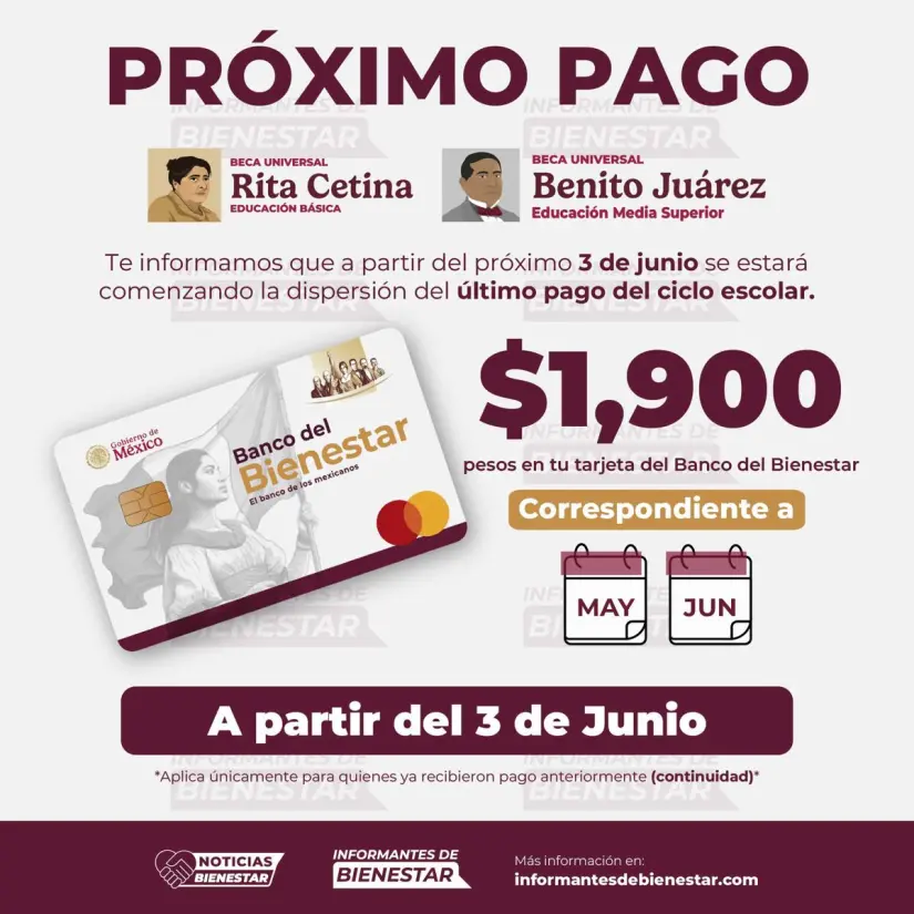 imagen recuadro Ultimo pago del mes de junio del programa de becas Rita Cetina