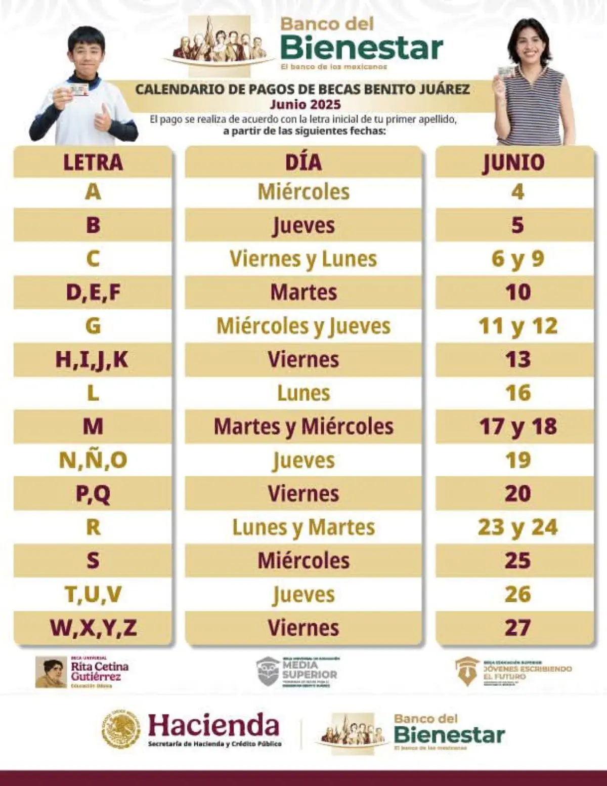 Calendario de pagos de la Beca Benito Juárez de junio. Foto: Cortesía