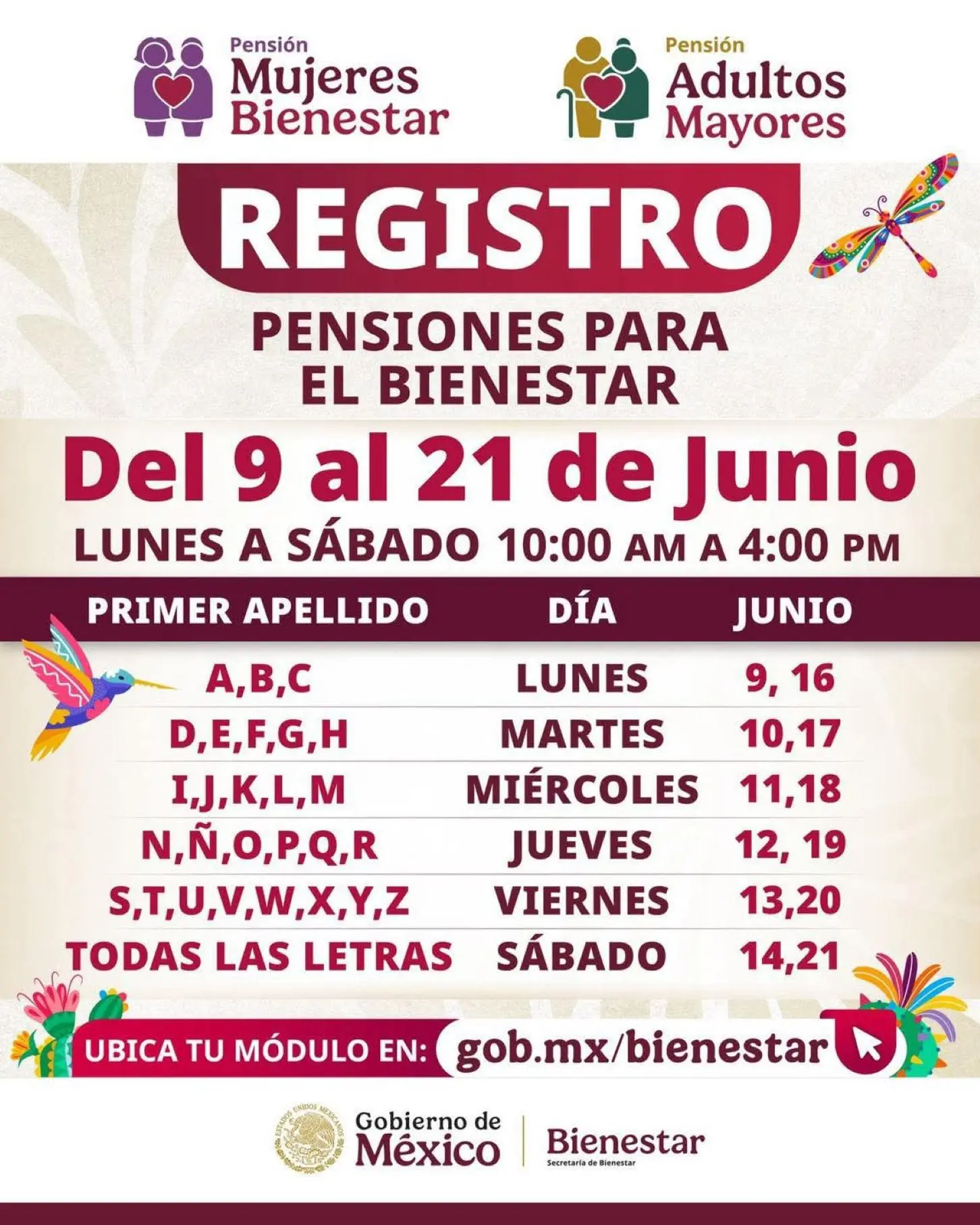 Fechas de registro por apellido para la Pensión Bienestar Fechas de registro por apellido para la Pensión Bienestar. Foto: Cortesía