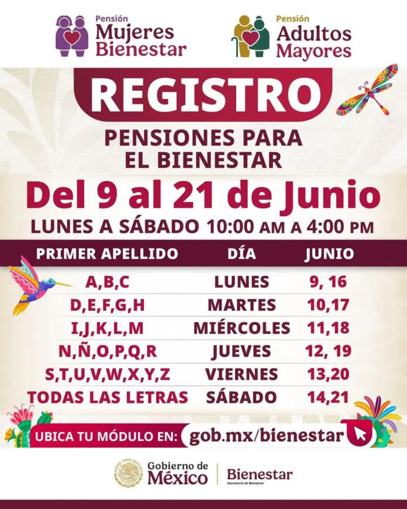 Fechas de registro por apellido para la Pensión Bienestar Fechas de registro por apellido para la Pensión Bienestar. Foto: Cortesía