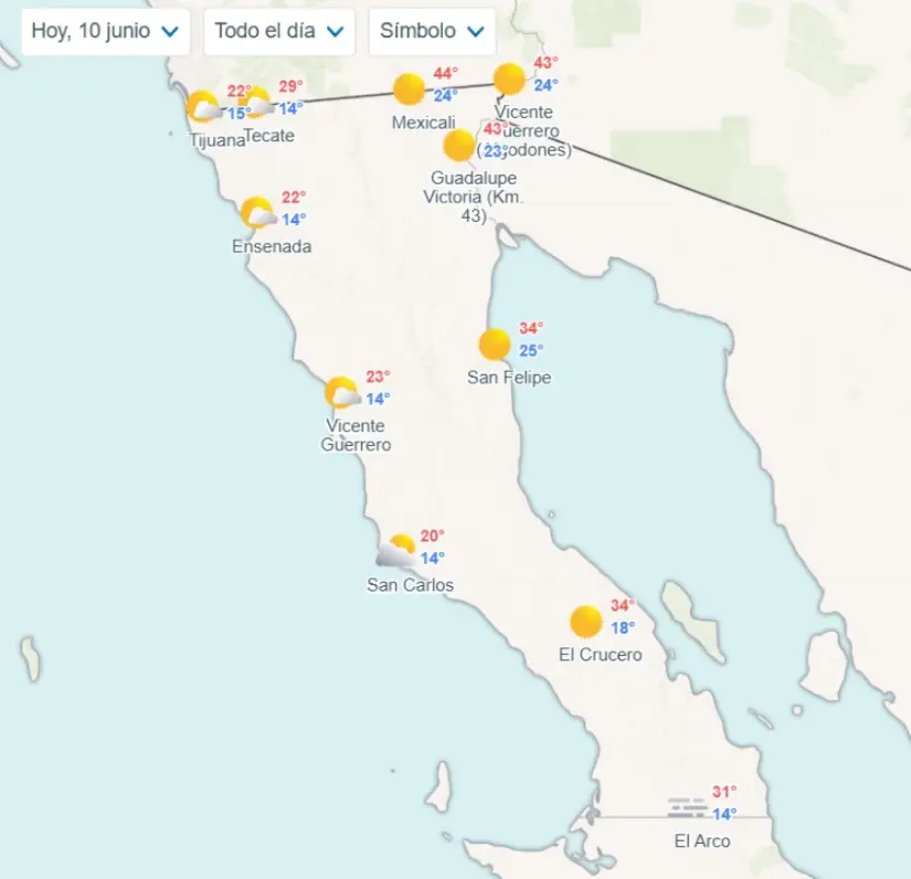 Clima en Baja California hoy martes 10 de junio Temperaturas mínimas y máximas en los municipios de Baja California hoy. Imagen: Meteored