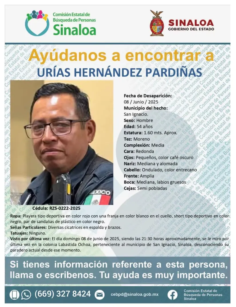 Desaparece Urías Hernández, subdirector operativo de San Ignacio Ficha de búsqueda. Foto: Cortesía