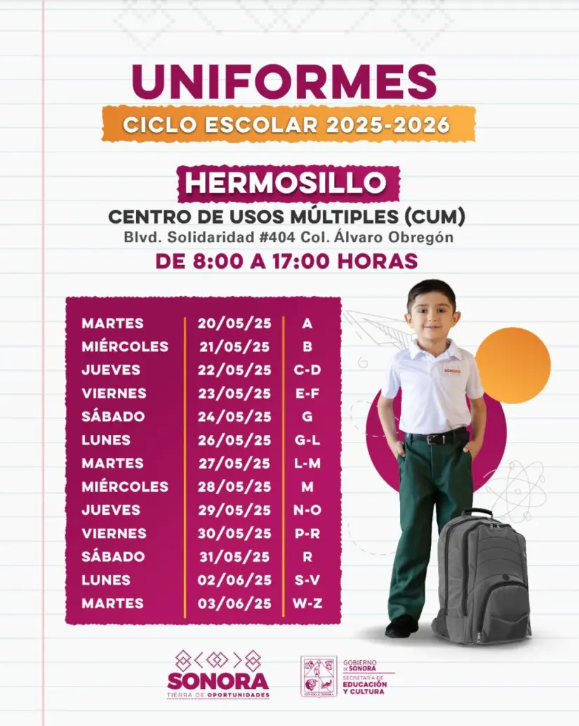 Fechas de entrega de uniformes en Hermosillo. Foto: cortesía Fechas de entrega de uniformes en Hermosillo. Foto: cortesía.