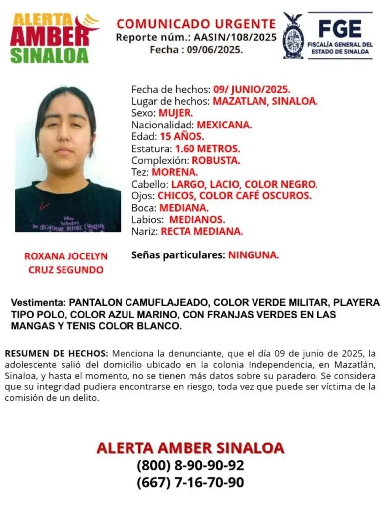 Ayudanos a devolver a casa a la joven desaparecida Roxana Jocelyn Cruz Segundo en Mazatlán. Foto: Cortesía. Ayudanos a devolver a casa a la joven desaparecida Roxana Jocelyn Cruz Segundo en Mazatlán. Foto: Cortesía.