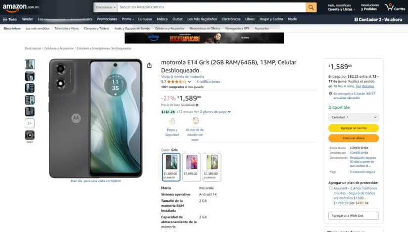 Los mejores celulares por menos de 2 mil pesos El Moto E14 se encuentra en menos de 1 mil 600 pesos. Imagen: Amazon