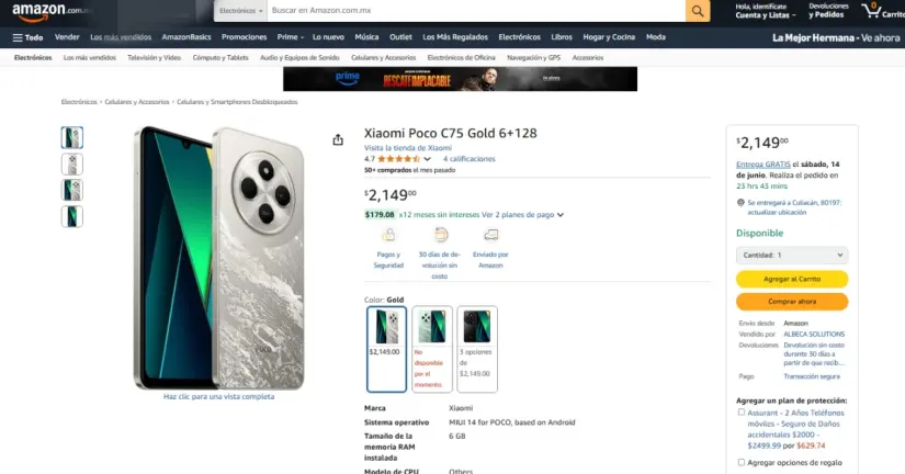 Los mejores celulares por menos de 2 mil pesos El POCO C75 se encuentra en 2 mil 149 pesos. Imagen: Amazon