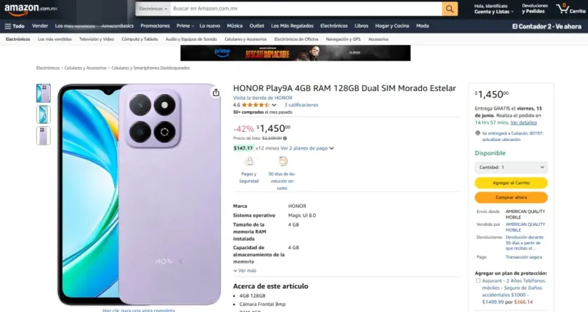 Los mejores celulares por menos de 2 mil pesos El Honor Play 9A se encuentra en menos de 1 mil 500 pesos. Imagen: Amazon