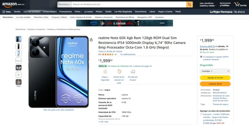 Los mejores celulares por menos de 2 mil pesos El Realme Note 60X se encuentra a precio muy accesible. Imagen: Amazon