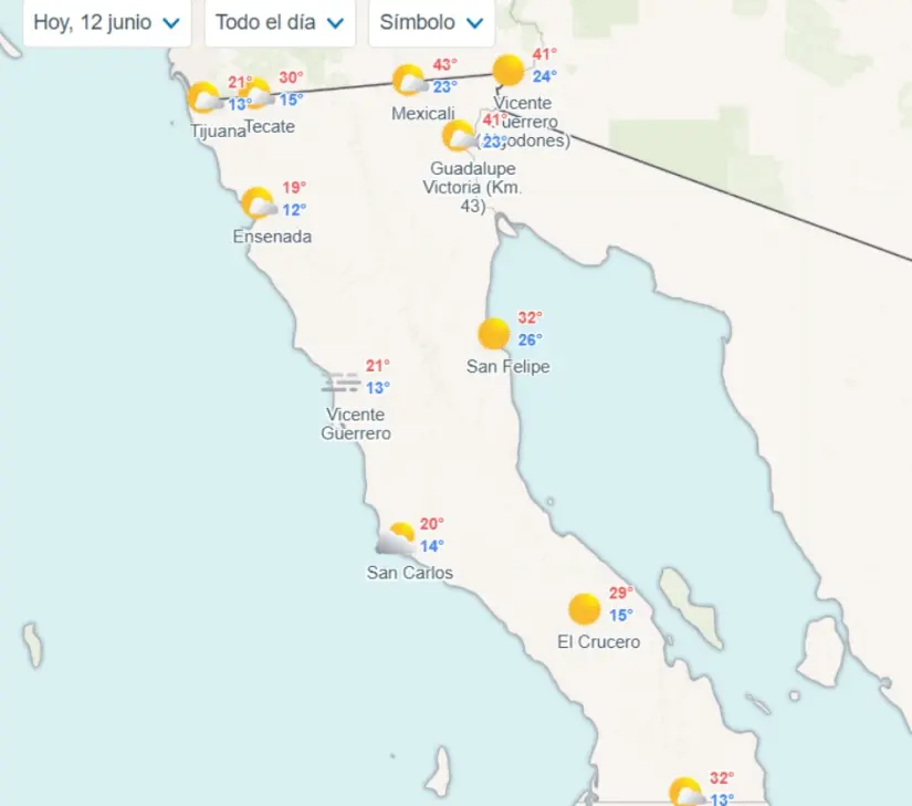 Temperaturas estimadas para los municipios de Baja California hoy. Imagen: Meteored
