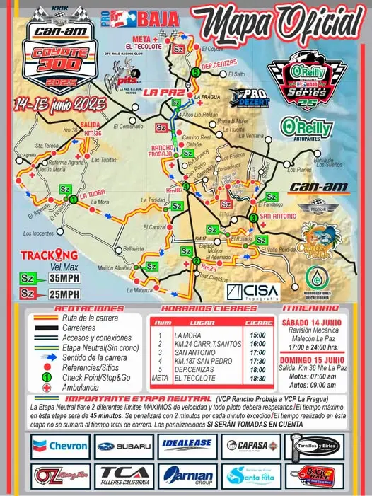Mapa de la carrera de Coyote 300, en La Paz. Foto: PROBAJA. Mapa de la carrera de Coyote 300, en La Paz. Foto: PROBAJA.