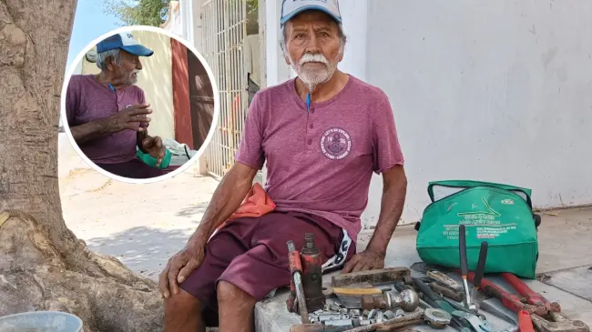 A pesar de su discapacidad, don Roberto, todos los días hace su luchita para tratar de vender algo de su herramienta frente a su casa e Infonavit Humaya.