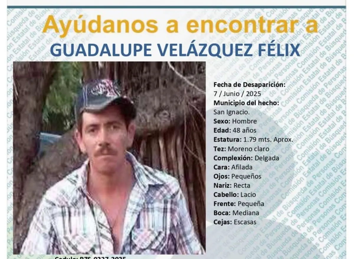 Ayuda a encontrar a Guadalupe Velázquez, desaparecido en San Ignacio, Sinaloa