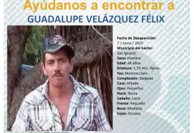 Ayuda a encontrar a Guadalupe Velázquez, desaparecido en San Ignacio, Sinaloa