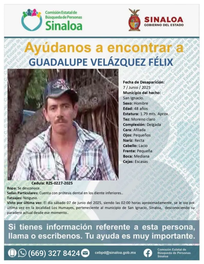 Ayuda a encontrar a Guadalupe Velázquez, desaparecido en San Ignacio Ayuda a encontrar a Guadalupe, desaparecido en San Ignacio. Imagen: Cortesía