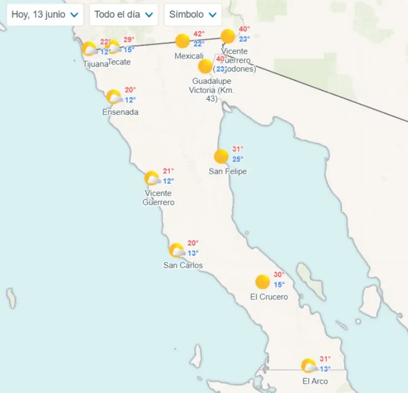 Clima en Baja California hoy viernes 13 de junio Temperaturas mínimas y máximas en los municipios de Baja California hoy. Imagen: Meteored