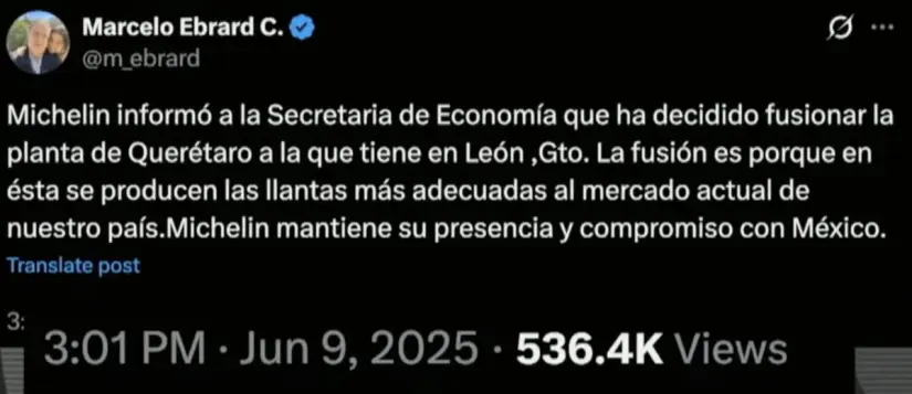 Lo dicho por Marcelo Ebrard sobre Michelin en Twitter. Imagen. Mañanera del Pueblo. Lo dicho por Marcelo Ebrard sobre Michelin en Twitter. Imagen. Mañanera del Pueblo.
