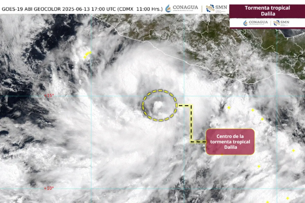 La tormenta tropical Dalila se ubica frente a las costas de Guerrero. Imagen: Conagua