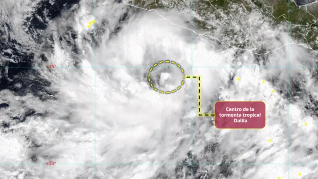 La tormenta tropical Dalila se ubica frente a las costas de Guerrero. Imagen: Conagua