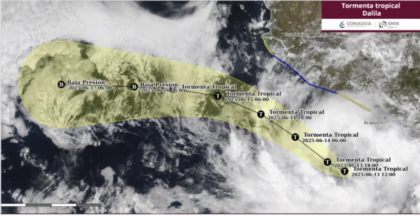 Se forma la tormenta tropical Dalila en costas de México: ¿qué estados afectará con lluvias y vientos fuertes? La tormenta Dalila producirá lluvias en varios estados de México. Imagen: Conagua