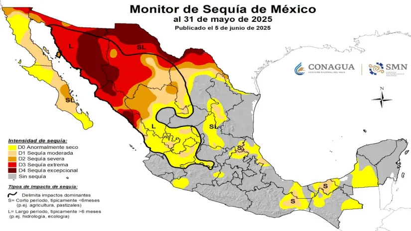 Aún con lluvias, Sequía en México continúa en 388 municipios Mapa de sequía. Foto: SMN