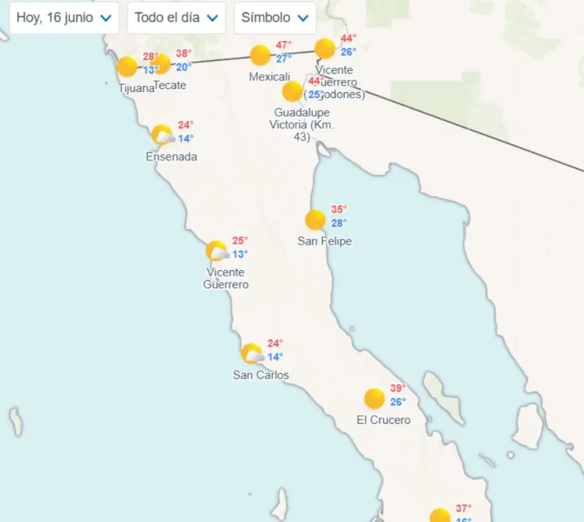Mexicali arde: Baja California tendrá más de 45 grados de calor hoy Temperaturas mínimas y máximas en los municipios de Baja California hoy. Imagen: Meteored