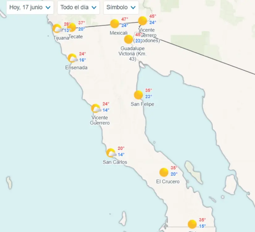 Clima en Baja California hoy martes 17 de junio 2025 Temperaturas estimadas en los municipios de Baja California hoy. Imagen: Meteored