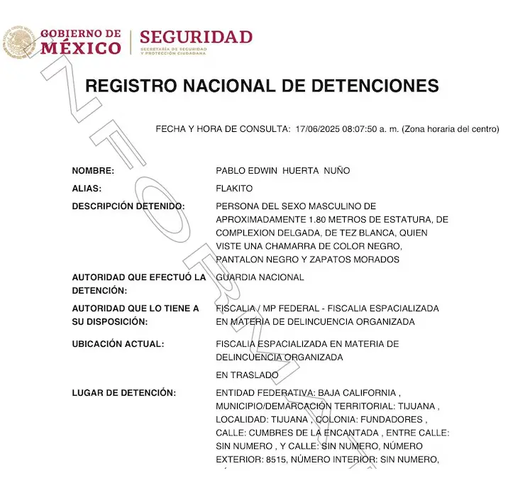 Detienen a El Flaquito en Tijuana Hoja del registro de la detención. Foto: RND