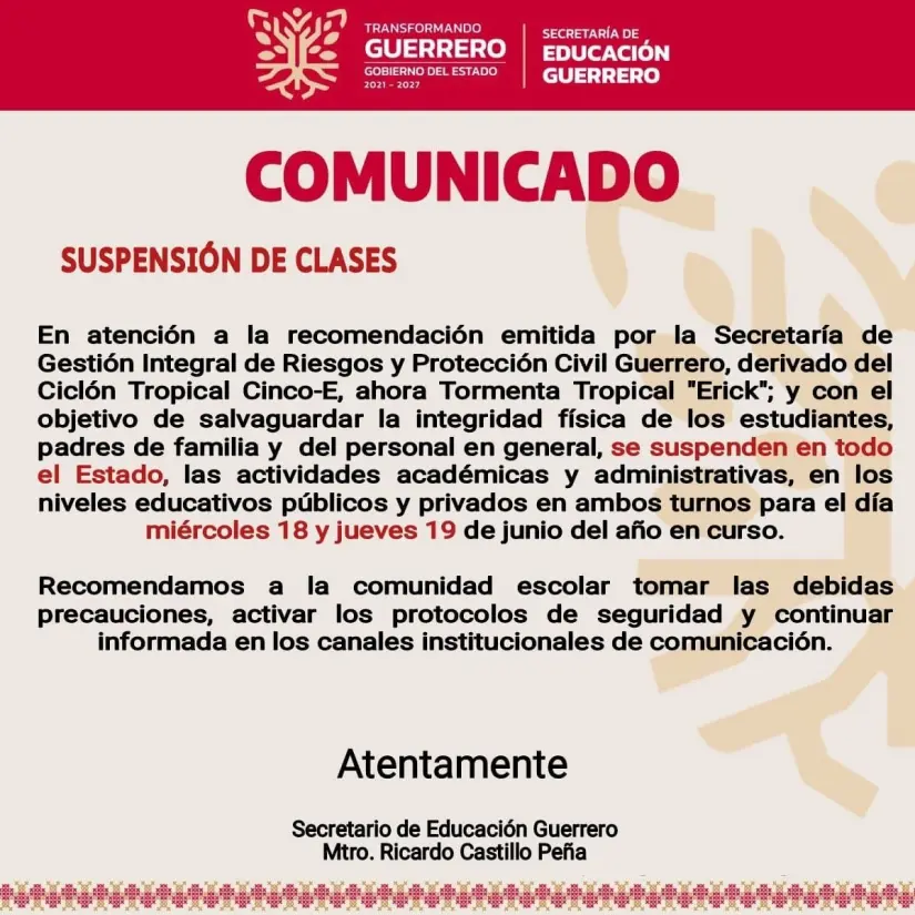 Por tormenta Erick, suspenden clases en Guerrero Anuncio oficial. Foto: Gob. de Guerrero