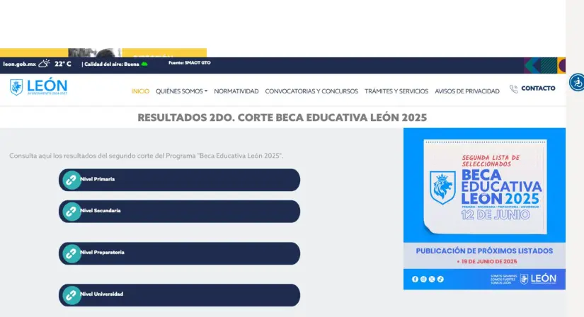 Disponible la segunda ronda de resultados de la Beca Educativa León Disponible la segunda ronda de resultados de la Beca Educativa León. Foto: Captura de pantalla