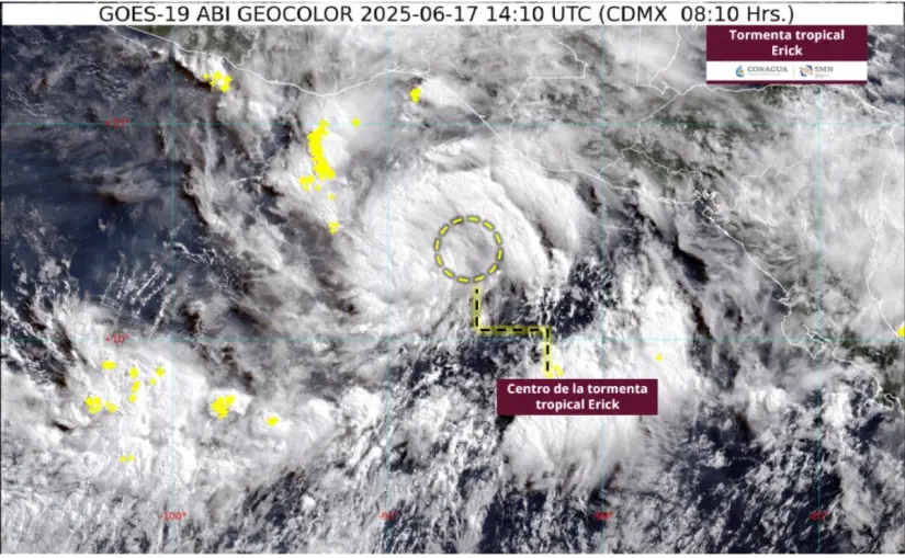 Tormenta tropical 'Erick' podría ser huracán categoría 2: Sheinbaum pide extremar precauciones Se espera que la tormenta Erick evolucione a huracán categoría 2. Imagen: Conagua
