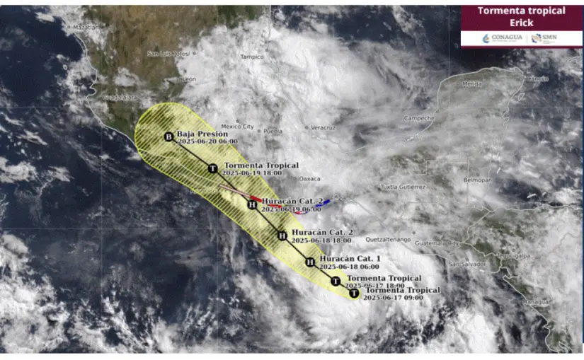 Tormenta tropical 'Erick' podría ser huracán categoría 2: Sheinbaum pide extremar precauciones Trayectoria de la tormenta tropical Erick en los próximos días. Imagen: Conagua