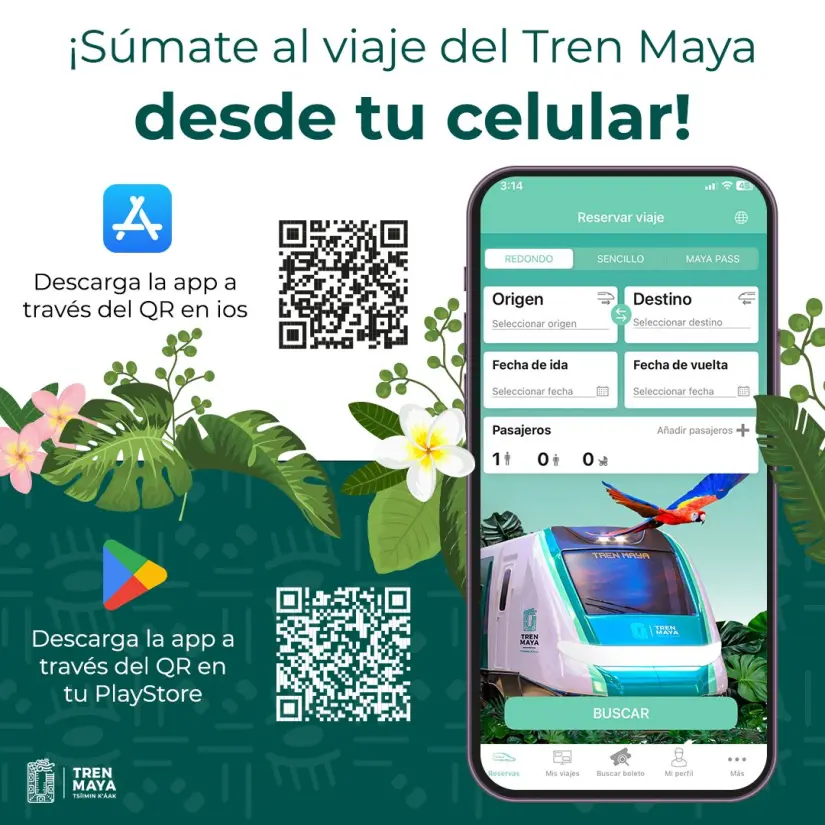 Descarga la app oficial del Tren Maya y consigue el MayaPass para viajar ilimitadamente por 7 días. Foto: Cortesía. Descarga la app oficial del Tren Maya y consigue el MayaPass para viajar ilimitadamente por 7 días. Foto: Cortesía