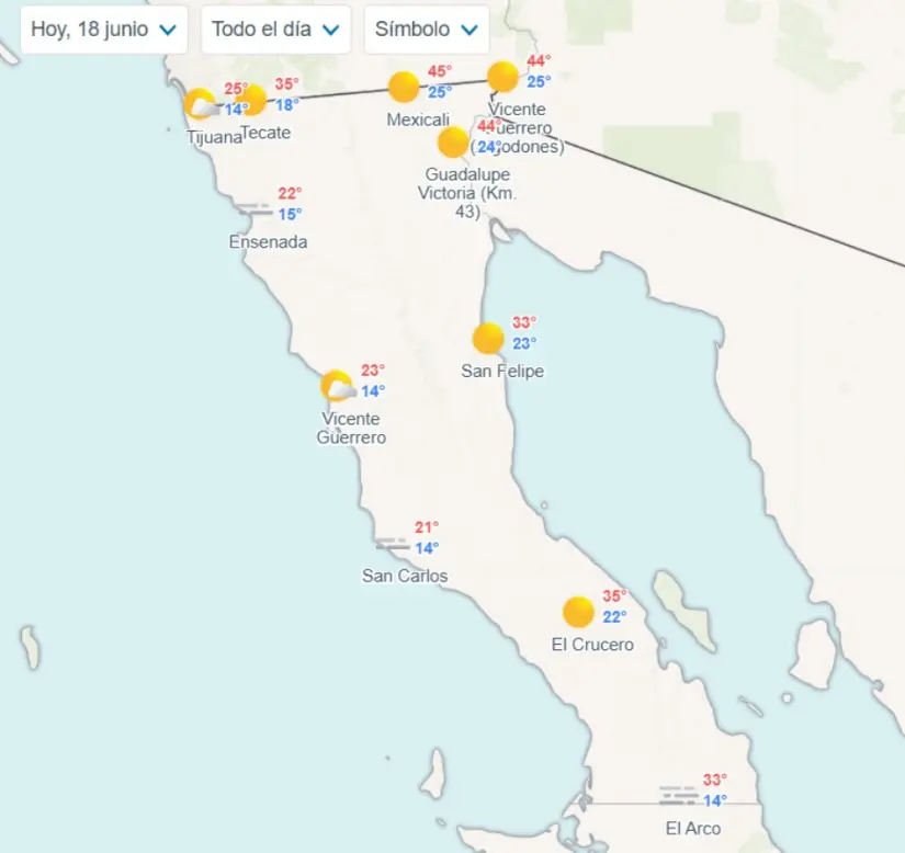 Clima en Baja California hoy miércoles 18 de junio Temperaturas mínimas y máximas en los municipios de Baja California hoy. Imagen: Meteored