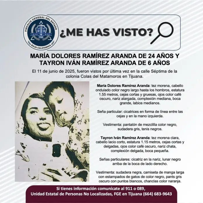 Desaparecidos en Tijuana, Buscan a María Dolores y Tayron Iván Ficha de búsqueda. Foto: Fiscalía General de Baja California
