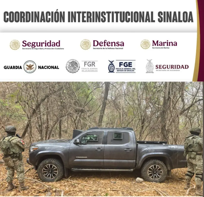 Camioneta blindada asegurada en Baila, Culiacán. Foto: Seguridad Pública Sinaloa Camioneta blindada asegurada en Baila, Culiacán. Foto: Seguridad Pública Sinaloa