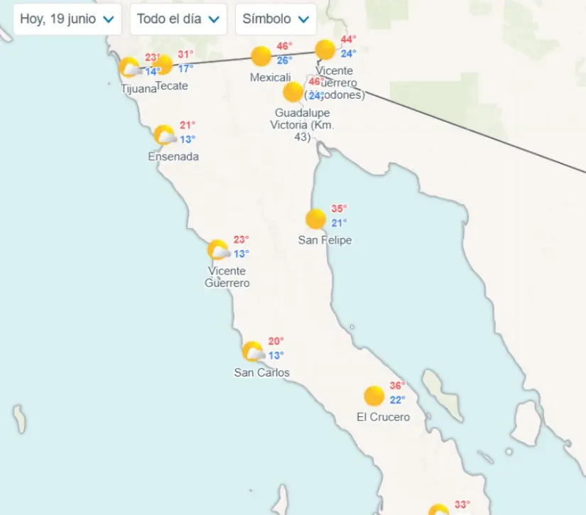 Clima en Baja California hoy jueves 19 de junio de 2025 Temperaturas mínimas y máximas en los municipios de Baja California hoy. Imagen: Meteored