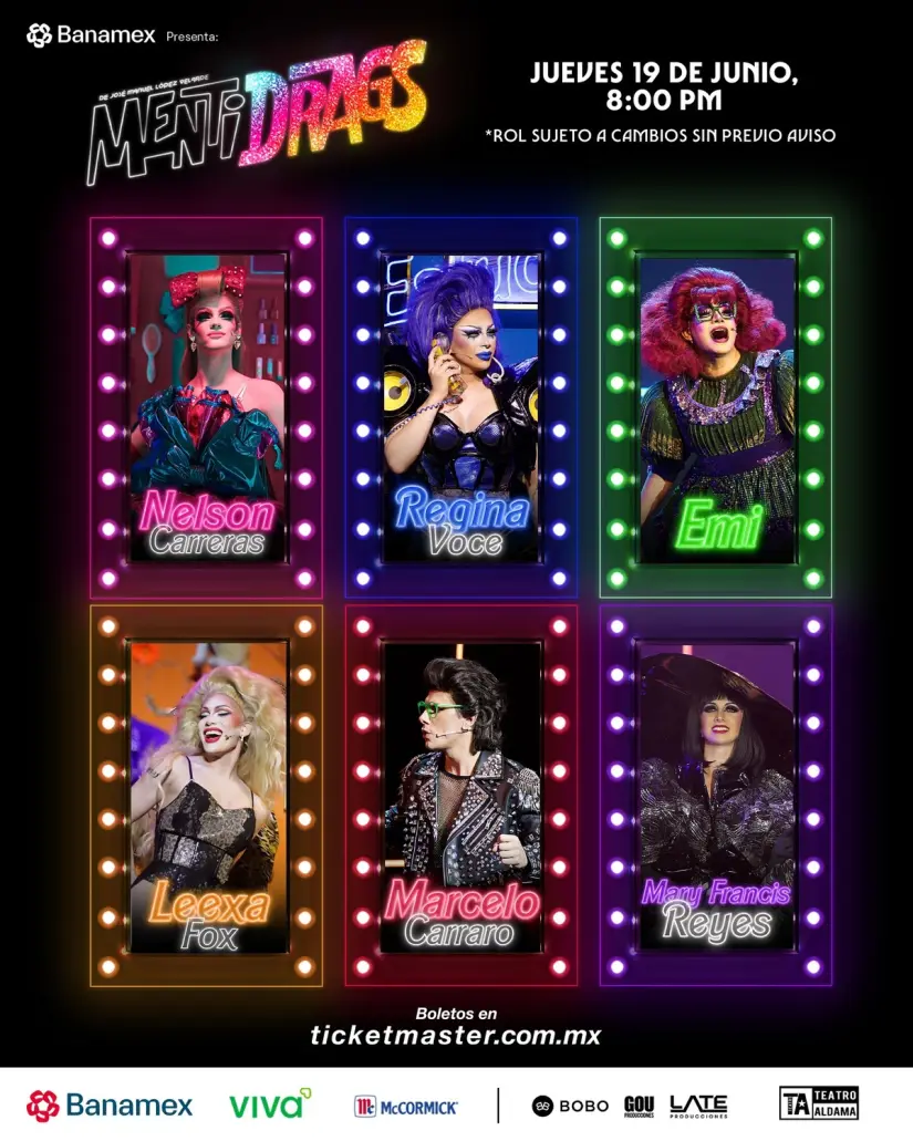 imagen recuadro Mentidrag rol de interpretes del elenco de personajes Foto: Mentiras Facebook oficial
