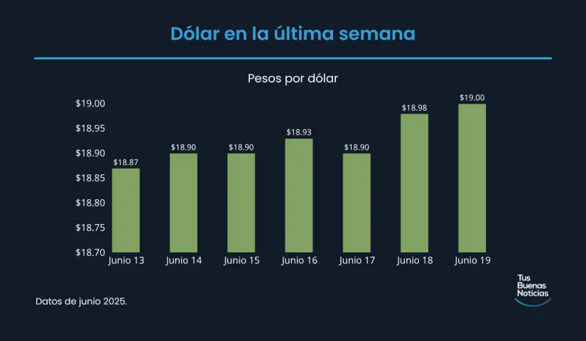 Precio del dólar hoy 19 de junio de 2025 Precio del dólar en la última semana de acuerdo al DOF. Foto: TBN