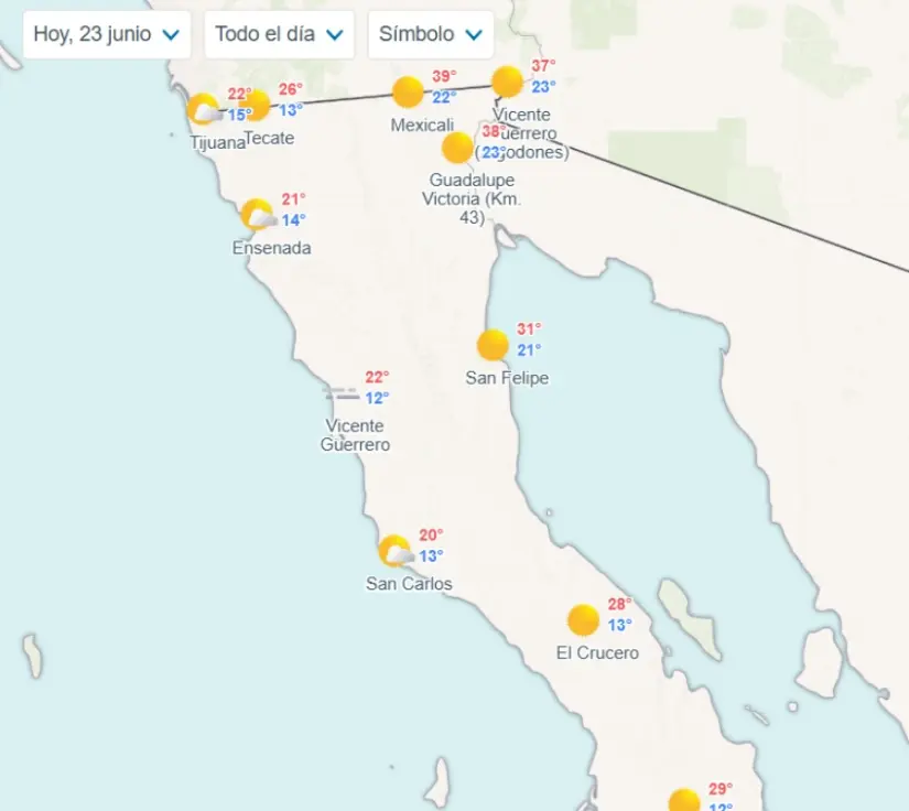 Clima en Baja California hoy lunes 23 de junio Temperaturas estimadas en los municipios de Baja California hoy. Imagen: Meteored