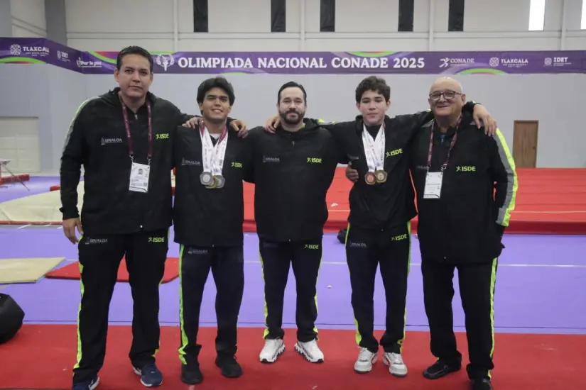 Gimnastas de Sinaloa conquistan medallas en la Olimpiada CONADE 2025 Aarón Ibarra, Gael Rosales y entrenadores brillan en gimnasia artística nacional. Foto: ISDE