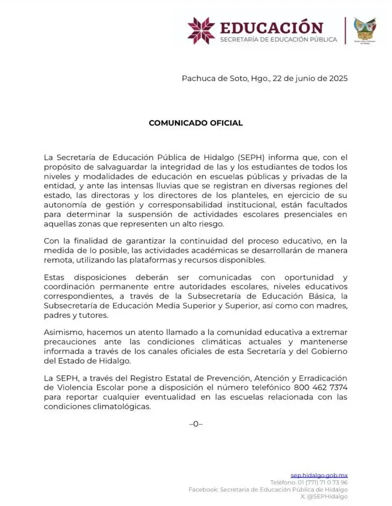 SEPH autoriza a planteles para suspender clases por lluvias Comunicado oficial. Foto: SEPH