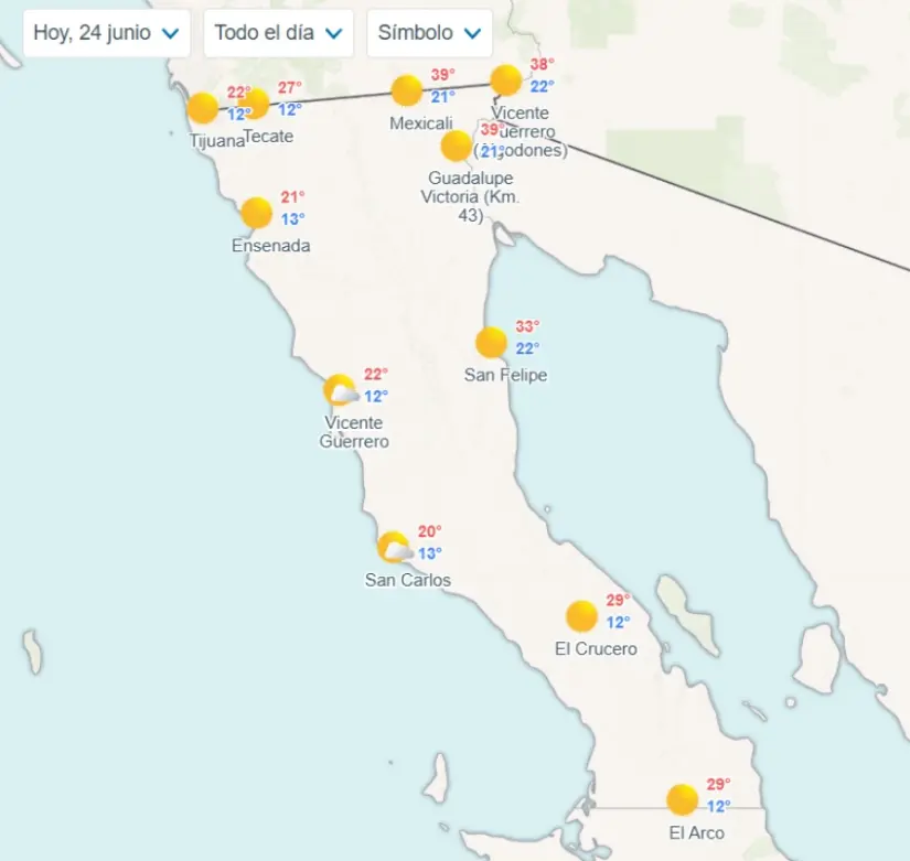 Clima en Baja California hoy 24 de junio de 2025 Temperaturas mínimas y máximas en los municipios de Baja California. Imagen: Meteored