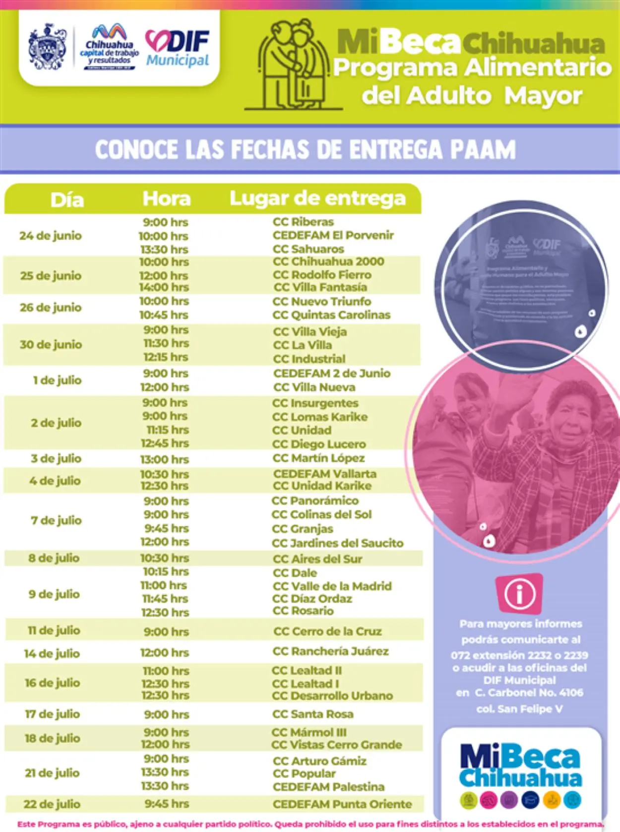 Fechas y lugares de entrega de PAAM en el municipio de Chihuahua. Foto: Cortesía