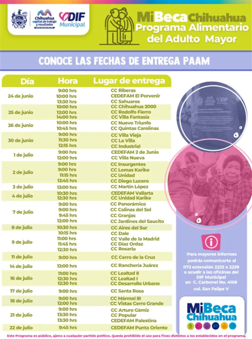 Fechas y lugares de entrega de PAAM en el municipio de Chihuahua. Foto: Cortesía