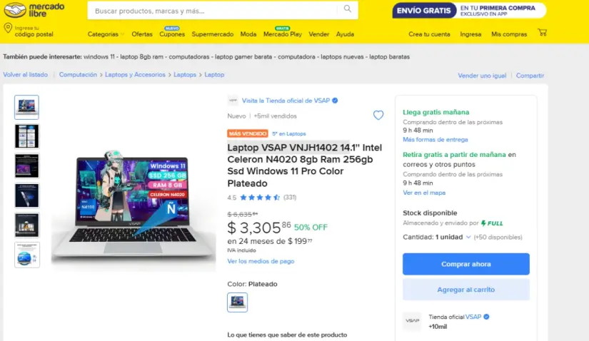 Laptops VSAP: características de gama alta a precio de gama baja La laptop VSAP se encuentra a mitad de precio en Mercado Libre. Imagen: mercadolibre.com.mx