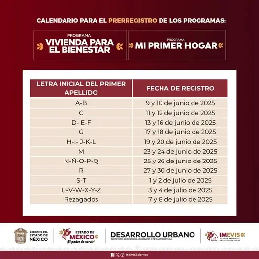 Fechas para el registro a los programas del IMEVIS. Foto: Facebook Instituto Mexiquense de la Vivienda Social Fechas para el registro a los programas del IMEVIS. Foto: Facebook Instituto Mexiquense de la Vivienda Social